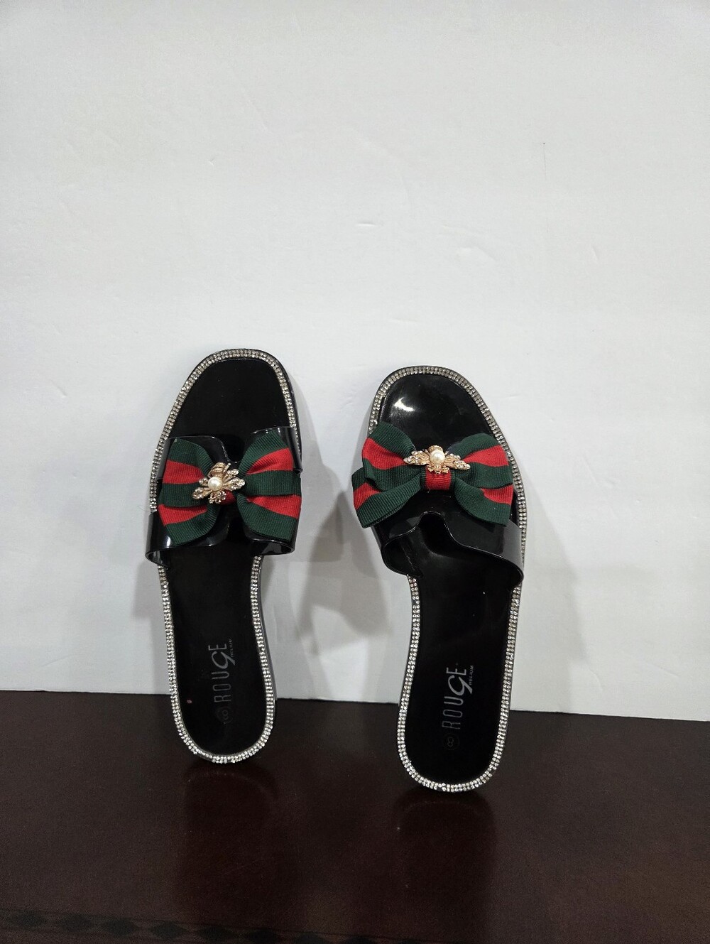 Rouge Helium Black Patent Slide Mules with Green-Red Bow Sz.8